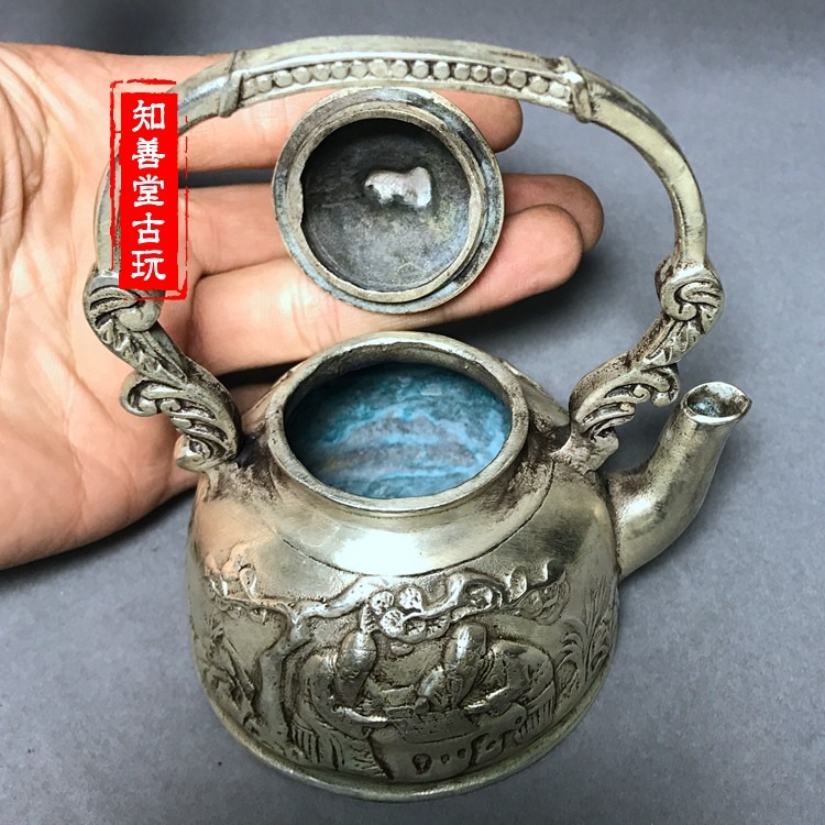 仿古銅器白銅黃銅鍍銀祿福壽水壺茶壺擺件家居裝飾禮品古玩收藏品-細節圖7