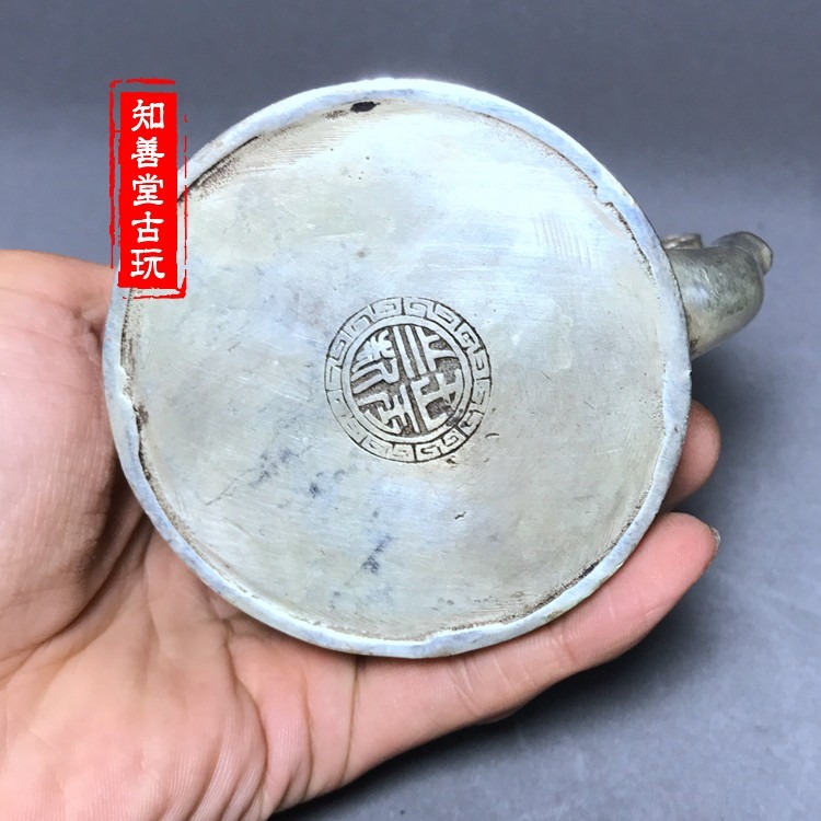 仿古銅器白銅黃銅鍍銀祿福壽水壺茶壺擺件家居裝飾禮品古玩收藏品-細節圖8