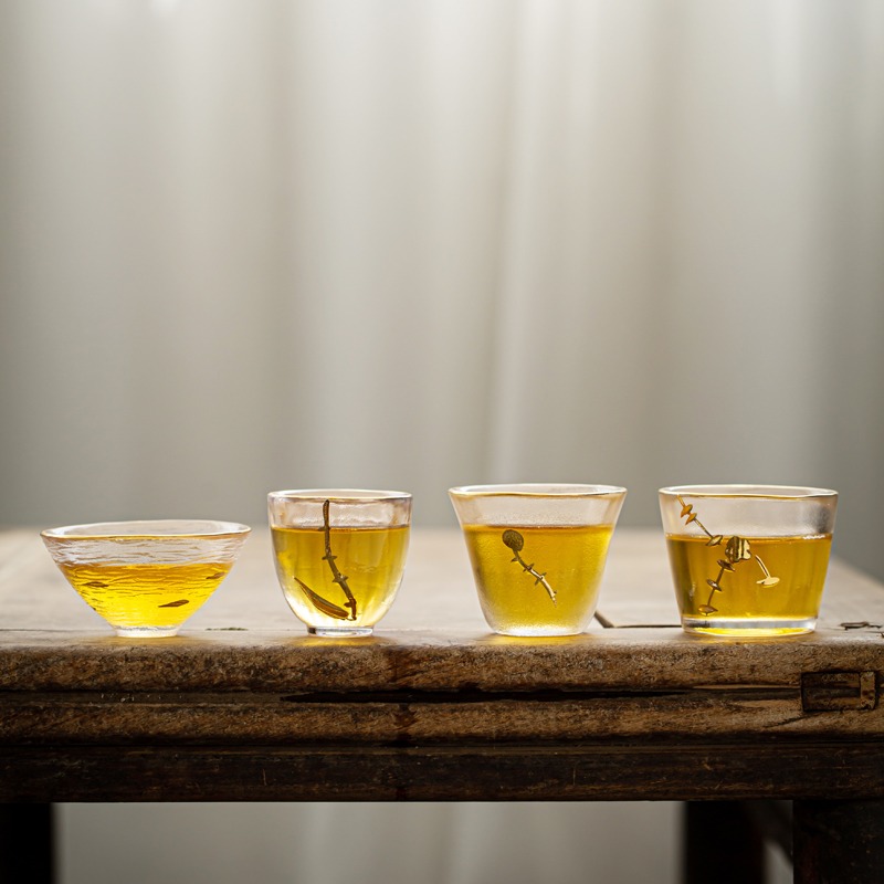 描金玻璃茶杯日式耐熱玻璃水晶茶杯品茗杯錘紋功夫茶具加厚茶杯-細節圖5
