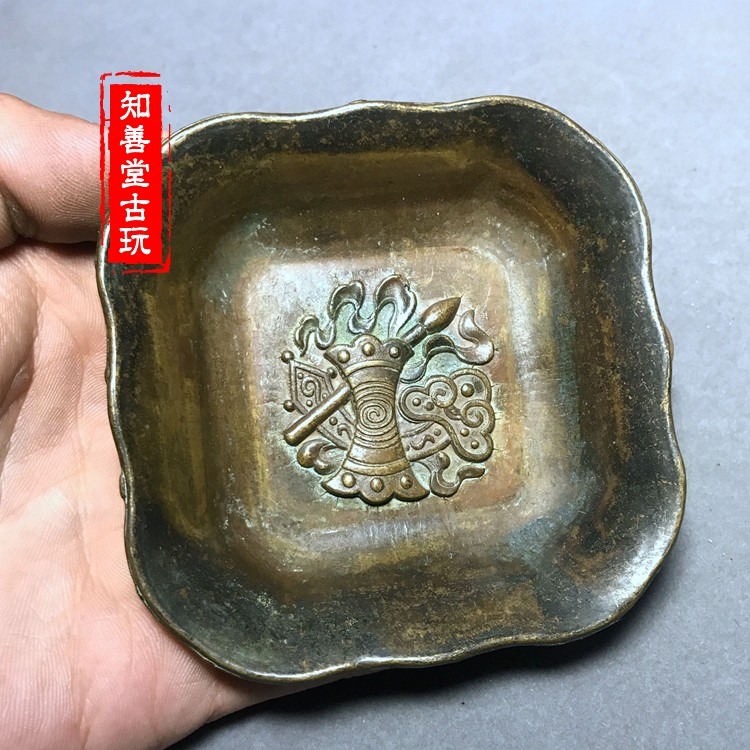 仿古青銅黃銅盤子碟子浮雕龍鳳戲珠盤子筆洗純銅壺託煙灰缸擺件-細節圖6