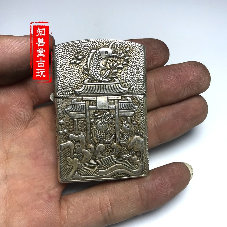 仿古民國古玩收藏 白銅做舊打火機 復古煤油打火機鯉魚跳龍門圖案-細節圖4