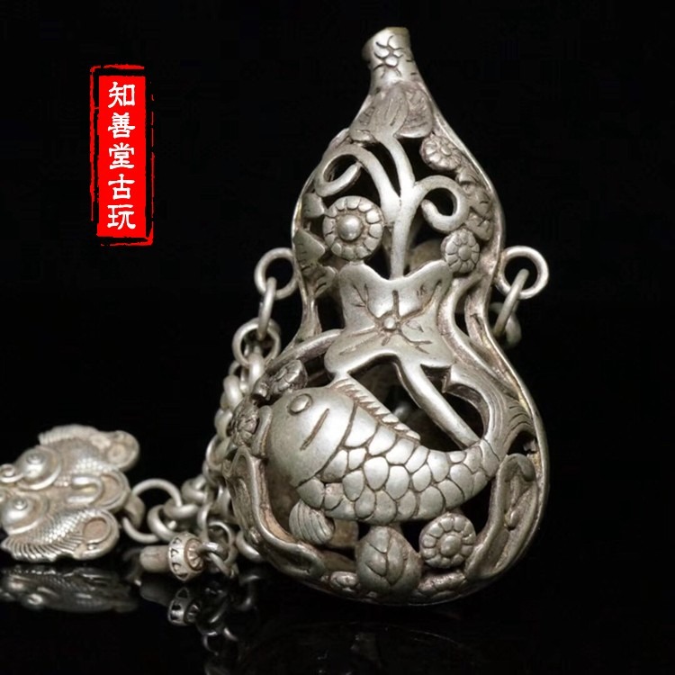 古玩銅器雜項收藏仿古白銅葫蘆鏤空香囊壓襟鎖白銅工藝品古董收藏-細節圖2