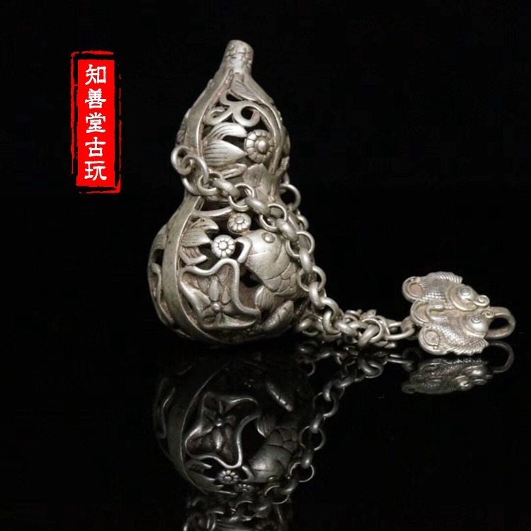 古玩銅器雜項收藏仿古白銅葫蘆鏤空香囊壓襟鎖白銅工藝品古董收藏-細節圖3