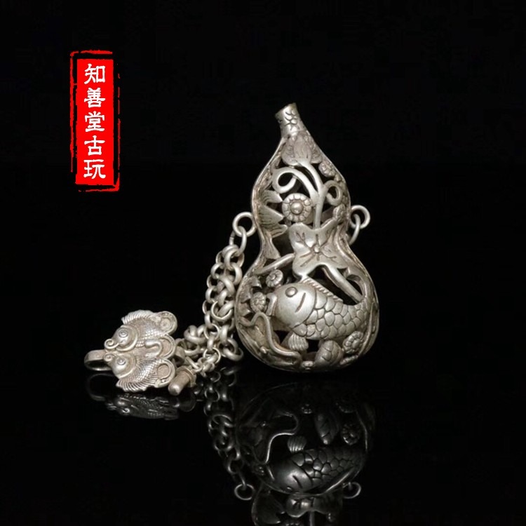 古玩銅器雜項收藏仿古白銅葫蘆鏤空香囊壓襟鎖白銅工藝品古董收藏-細節圖6