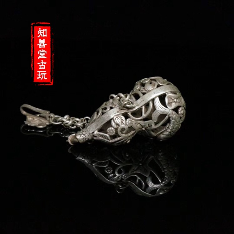 古玩銅器雜項收藏仿古白銅葫蘆鏤空香囊壓襟鎖白銅工藝品古董收藏-細節圖7
