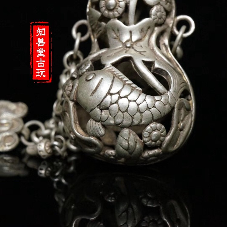 古玩銅器雜項收藏仿古白銅葫蘆鏤空香囊壓襟鎖白銅工藝品古董收藏-細節圖10