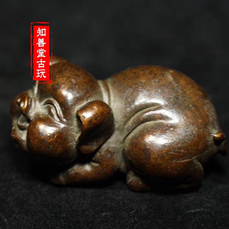仿古茶寵茶道實心銅紫銅招財豬生肖本命年鎮尺古玩銅器擺件把玩-細節圖2