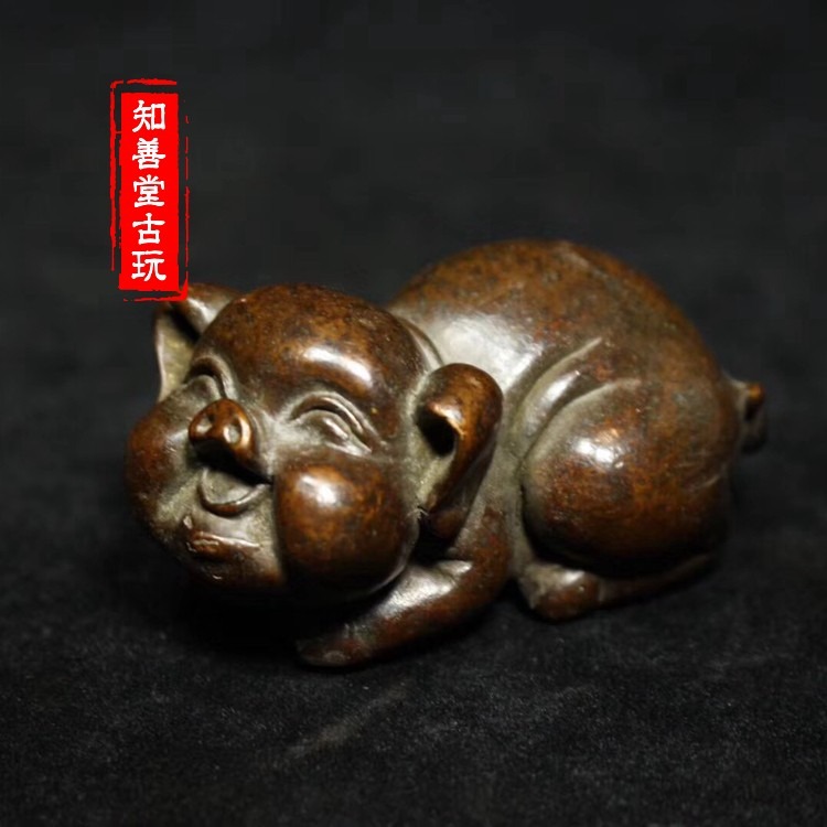 仿古茶寵茶道實心銅紫銅招財豬生肖本命年鎮尺古玩銅器擺件把玩-細節圖6