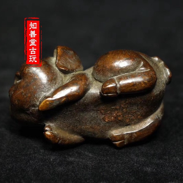 仿古茶寵茶道實心銅紫銅招財豬生肖本命年鎮尺古玩銅器擺件把玩-細節圖10
