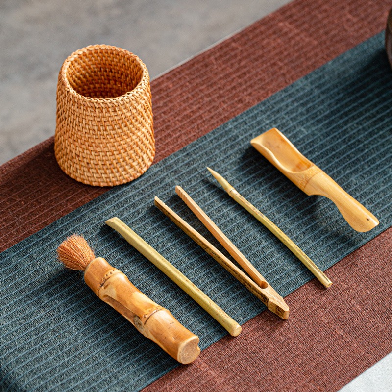 藤編竹製六君子手工組合竹製茶夾茶針茶勺功夫茶具套裝茶盤零配件-細節圖3
