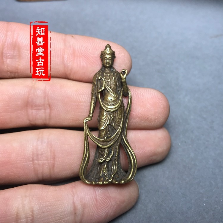 迷你袖珍黃銅觀音菩薩小擺件實心銅觀音手把件銅口袋佛像銅器微雕-細節圖2