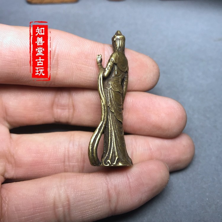 迷你袖珍黃銅觀音菩薩小擺件實心銅觀音手把件銅口袋佛像銅器微雕-細節圖3