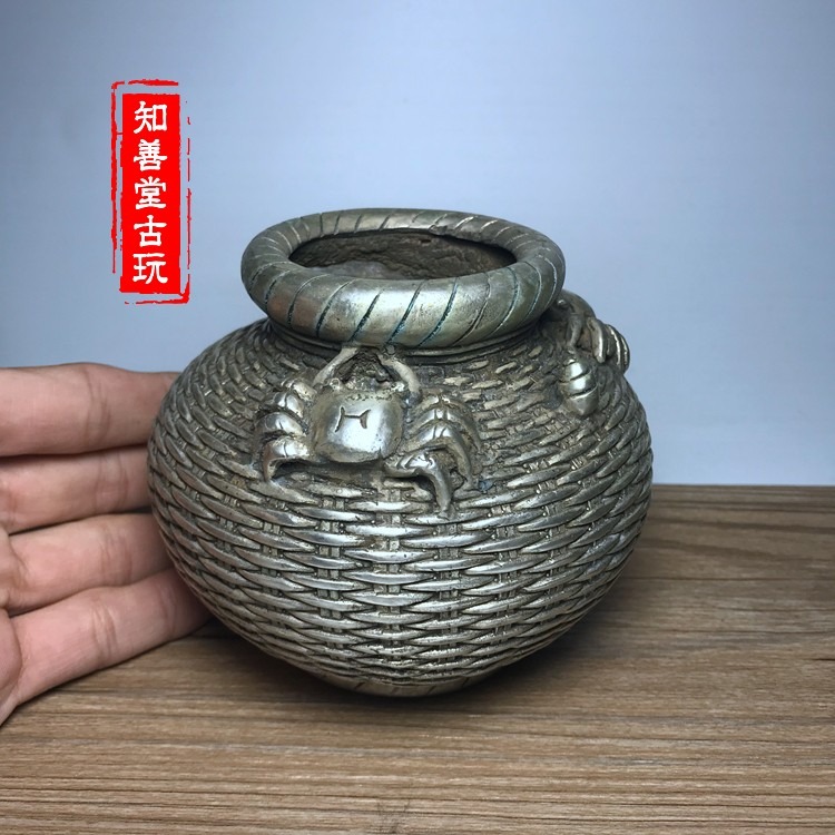 古玩銅器收藏 風水擺件商務禮品仿古白銅鍍銀銅筐 魚鱗白銅筐銅器-細節圖2