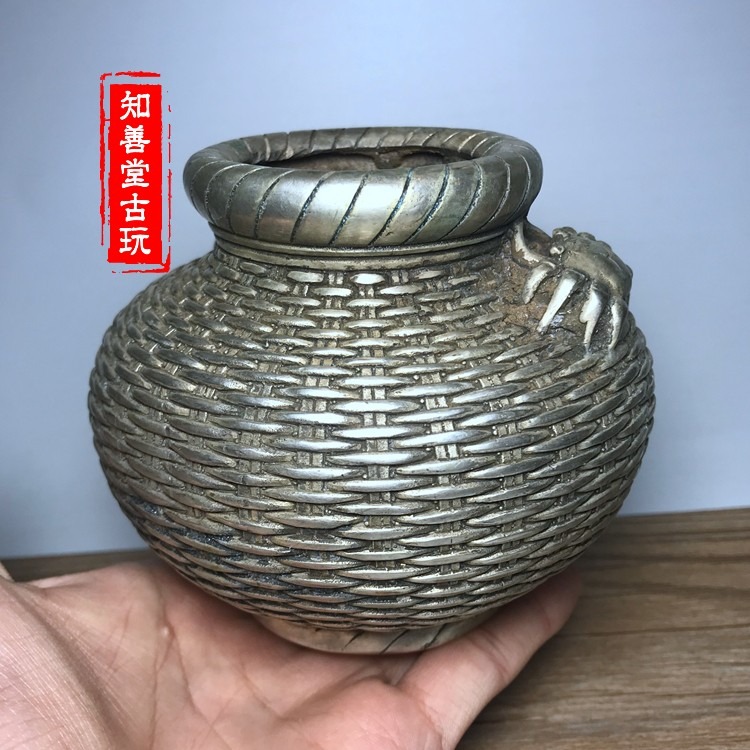 古玩銅器收藏 風水擺件商務禮品仿古白銅鍍銀銅筐 魚鱗白銅筐銅器-細節圖3