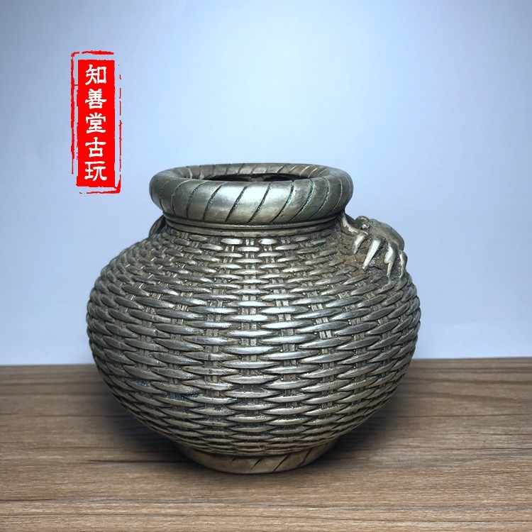 古玩銅器收藏 風水擺件商務禮品仿古白銅鍍銀銅筐 魚鱗白銅筐銅器-細節圖7