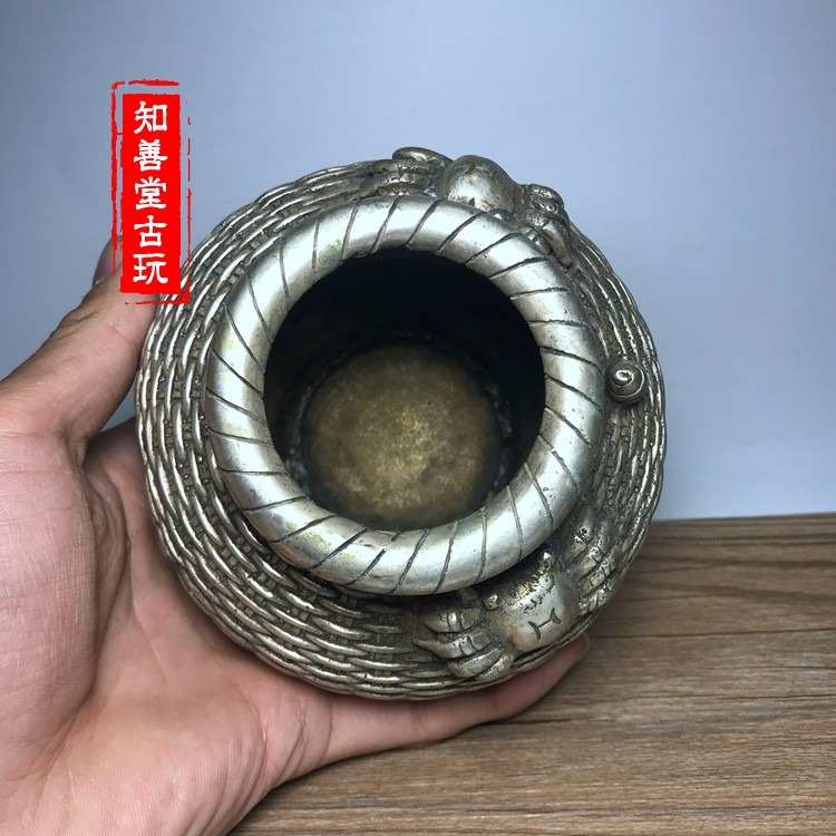 古玩銅器收藏 風水擺件商務禮品仿古白銅鍍銀銅筐 魚鱗白銅筐銅器-細節圖8