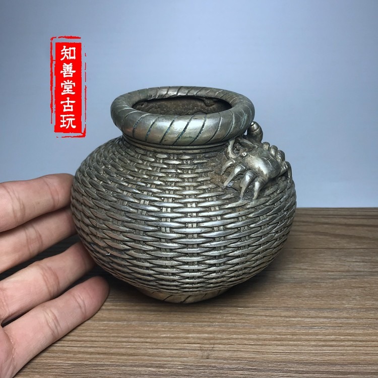 古玩銅器收藏 風水擺件商務禮品仿古白銅鍍銀銅筐 魚鱗白銅筐銅器-細節圖10