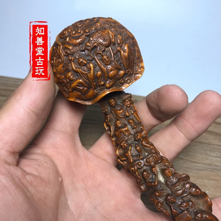 古玩木雕收藏老料黃楊木仿古做舊十八羅漢如意擺件老物件古董實木-細節圖4