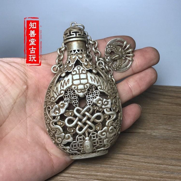 古玩雜項民俗手工老銀飾品苗銀香囊鏤空透雕麒麟獻壽銀吊墜掛件-細節圖4