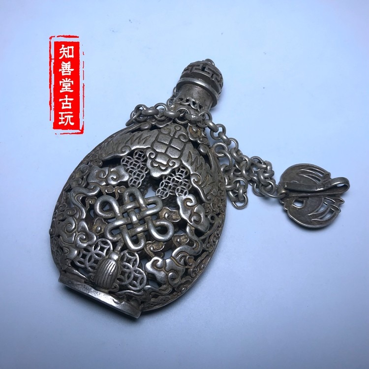 古玩雜項民俗手工老銀飾品苗銀香囊鏤空透雕麒麟獻壽銀吊墜掛件-細節圖5
