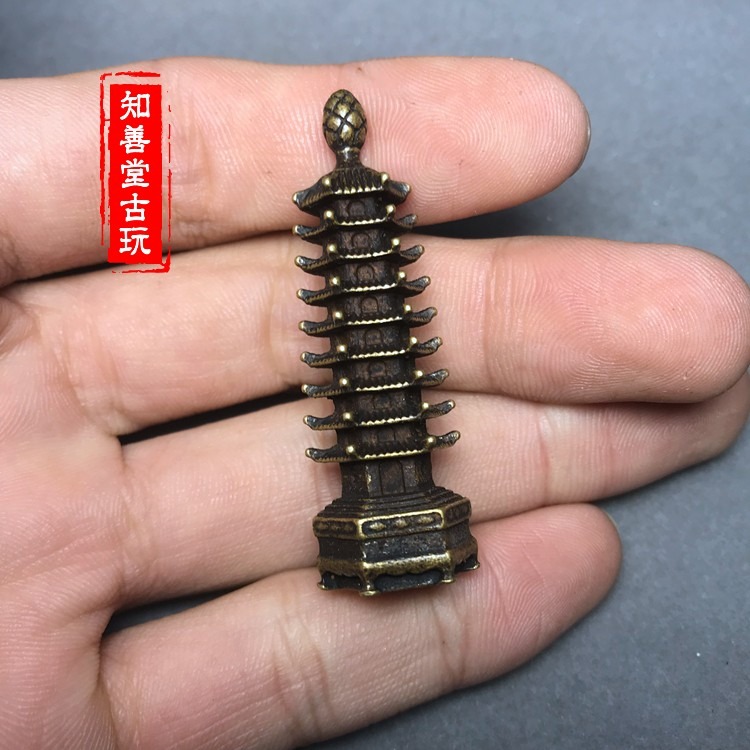 實心銅文昌塔小擺件黃銅寶塔手把銅鑰匙扣銅掛件仿古銅器銅微雕件-細節圖2