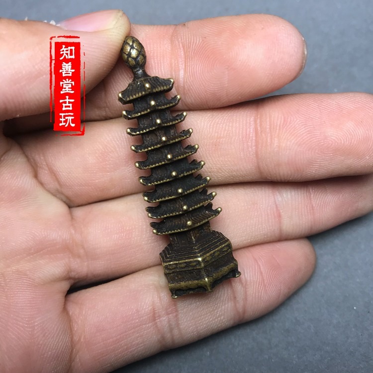實心銅文昌塔小擺件黃銅寶塔手把銅鑰匙扣銅掛件仿古銅器銅微雕件-細節圖3