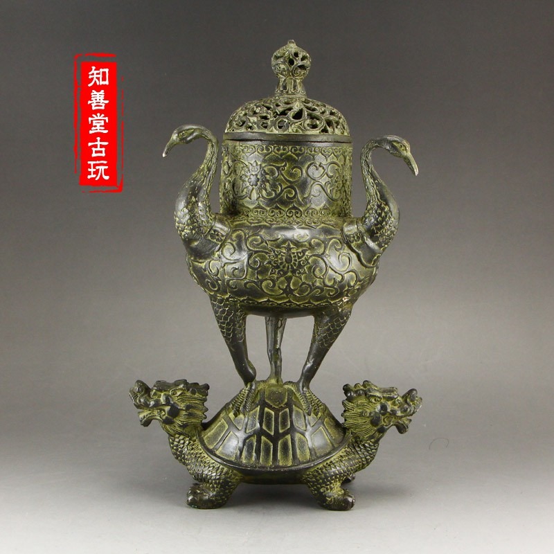 仿古純銅黃銅做舊仙鶴龍龜香爐 盤香檀香爐 龜鶴延年家居日用禮品-細節圖6