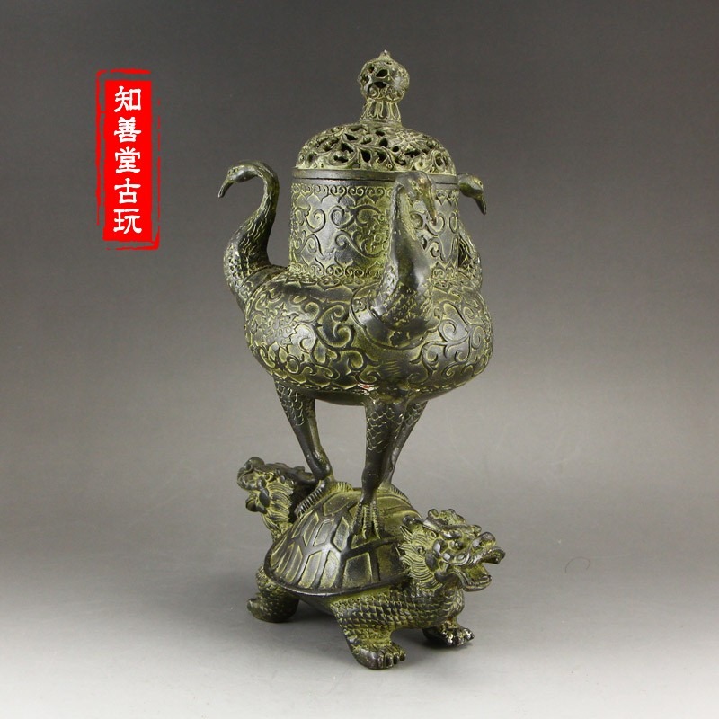 仿古純銅黃銅做舊仙鶴龍龜香爐 盤香檀香爐 龜鶴延年家居日用禮品-細節圖7