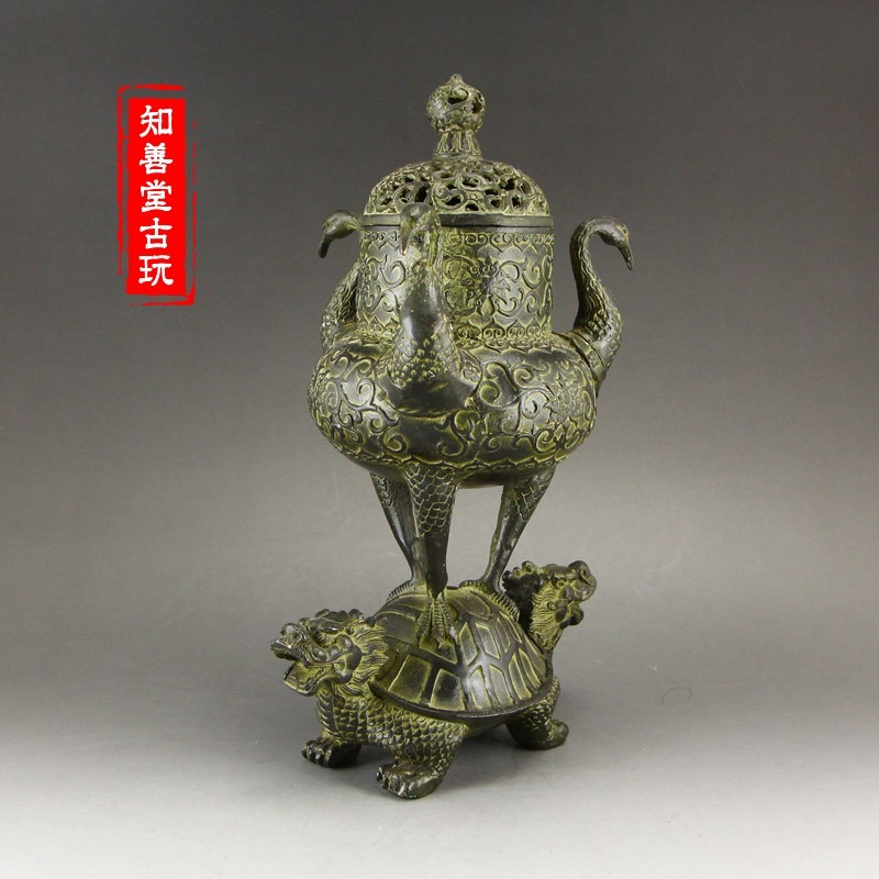 仿古純銅黃銅做舊仙鶴龍龜香爐 盤香檀香爐 龜鶴延年家居日用禮品-細節圖8