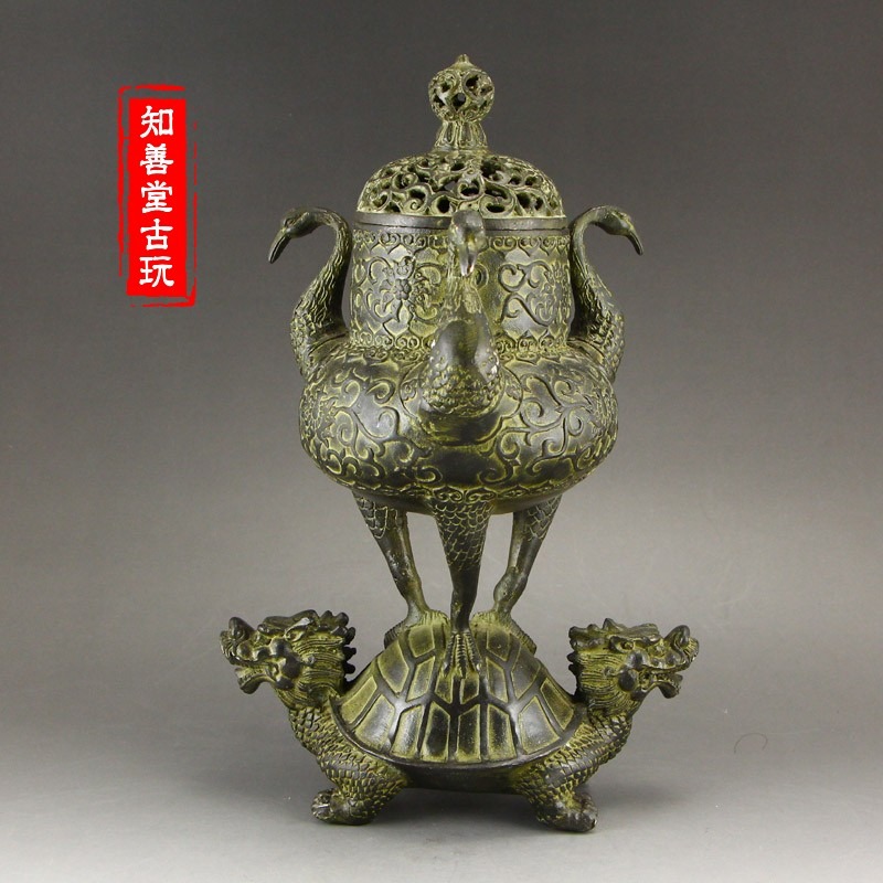 仿古純銅黃銅做舊仙鶴龍龜香爐 盤香檀香爐 龜鶴延年家居日用禮品-細節圖9
