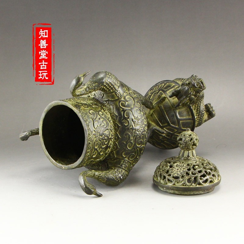 仿古純銅黃銅做舊仙鶴龍龜香爐 盤香檀香爐 龜鶴延年家居日用禮品-細節圖10