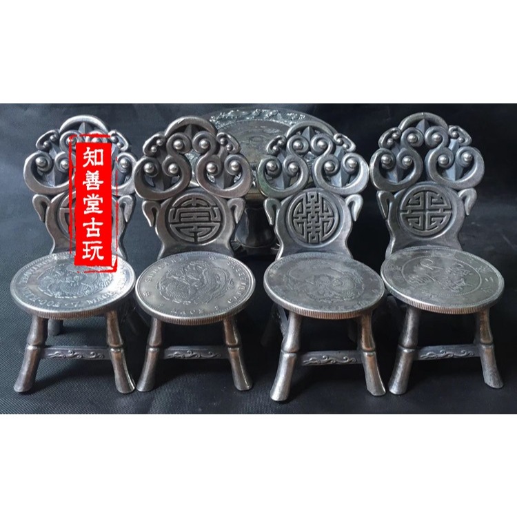 古玩仿古雜項收藏純銅銅器白銅桌椅一套家居辦公室裝飾工藝品擺件-細節圖9