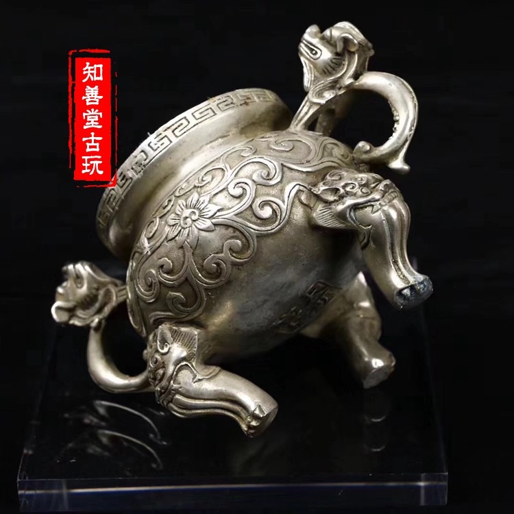 古玩銅器白銅黃銅鍍銀小號貔貅香薰爐擺件盤香檀香爐家居日用收藏-細節圖5