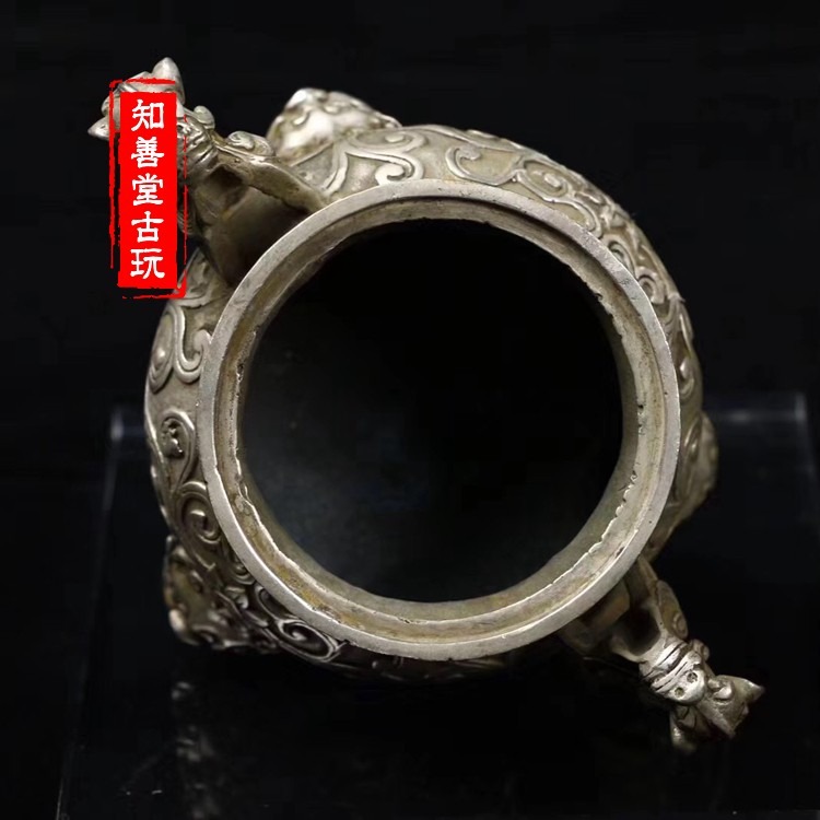 古玩銅器白銅黃銅鍍銀小號貔貅香薰爐擺件盤香檀香爐家居日用收藏-細節圖9
