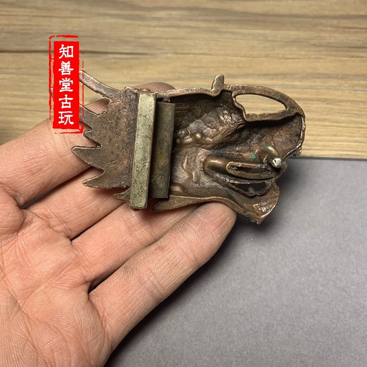 仿古古玩雜項收藏純銅龍頭皮帶扣 鎏金鎏銀 適合3釐米寬皮帶 古玩-細節圖7