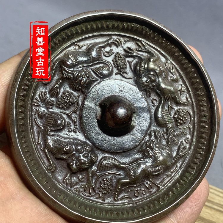 古玩古董青銅鏡海獸葡萄鏡唐鏡傳世包漿風水擺件仿古銅鏡包郵-細節圖2