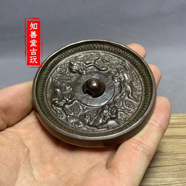 古玩古董青銅鏡海獸葡萄鏡唐鏡傳世包漿風水擺件仿古銅鏡包郵-細節圖3
