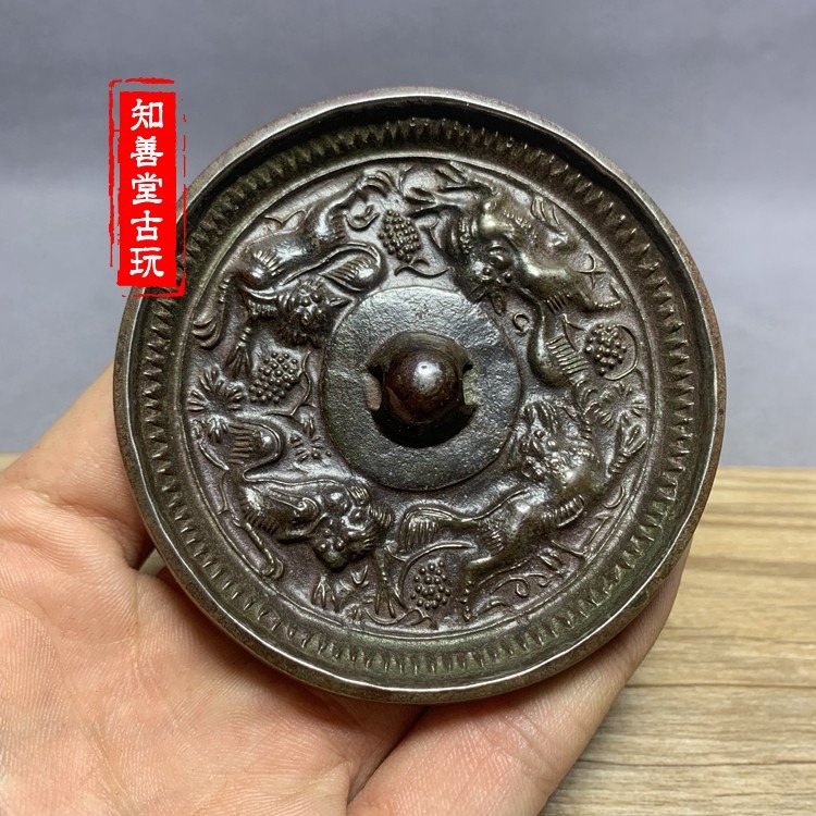 古玩古董青銅鏡海獸葡萄鏡唐鏡傳世包漿風水擺件仿古銅鏡包郵-細節圖9