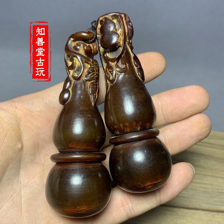 保真天然老?牛角福祿壽手捻葫蘆文玩雜項老鵰件手把件掛件對古玩-細節圖2