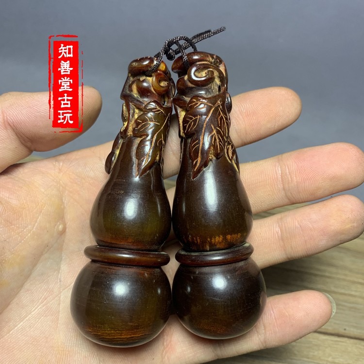 保真天然老?牛角福祿壽手捻葫蘆文玩雜項老鵰件手把件掛件對古玩-細節圖4