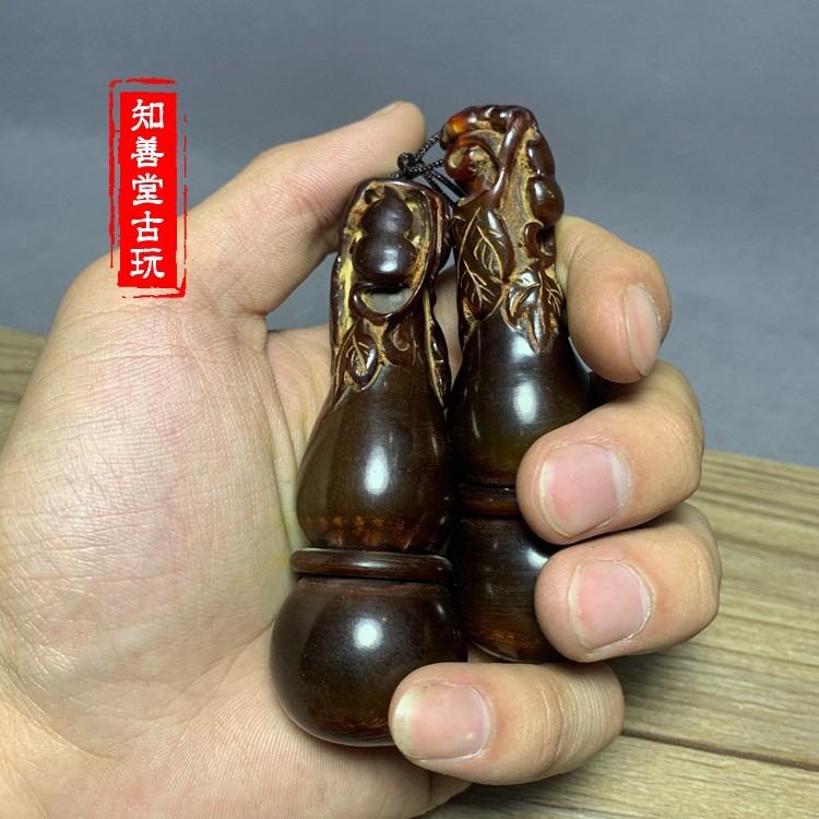 保真天然老?牛角福祿壽手捻葫蘆文玩雜項老鵰件手把件掛件對古玩-細節圖10