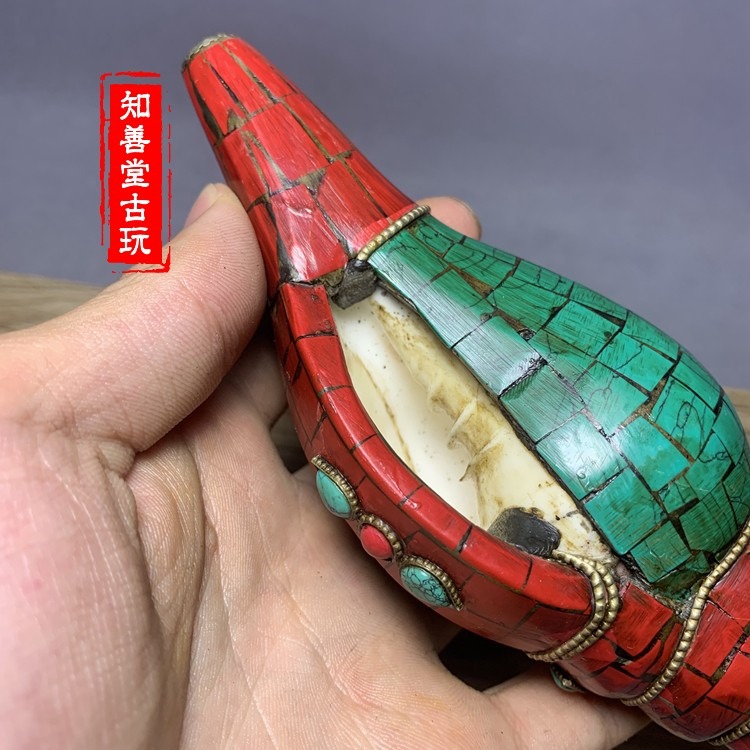 仿古藏傳佛教號角法器尼泊爾手工包藏銀道士吹中海螺法會用品法螺-細節圖3
