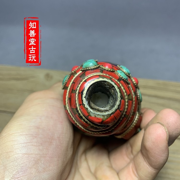 仿古藏傳佛教號角法器尼泊爾手工包藏銀道士吹中海螺法會用品法螺-細節圖4