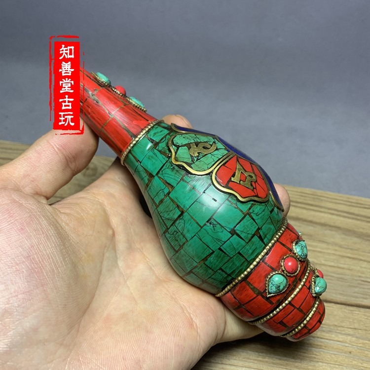 仿古藏傳佛教號角法器尼泊爾手工包藏銀道士吹中海螺法會用品法螺-細節圖7