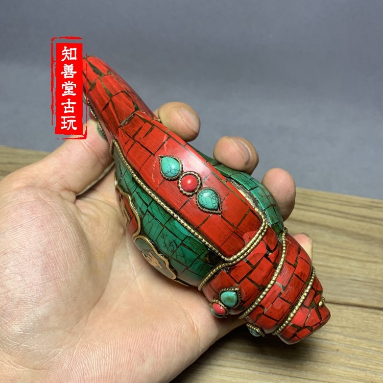 仿古藏傳佛教號角法器尼泊爾手工包藏銀道士吹中海螺法會用品法螺-細節圖8