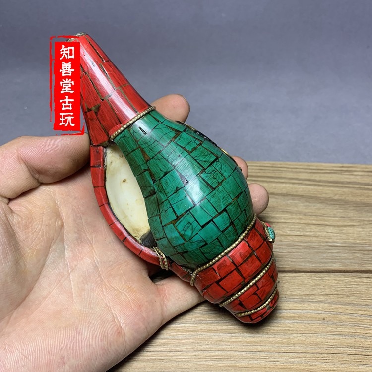 仿古藏傳佛教號角法器尼泊爾手工包藏銀道士吹中海螺法會用品法螺-細節圖9