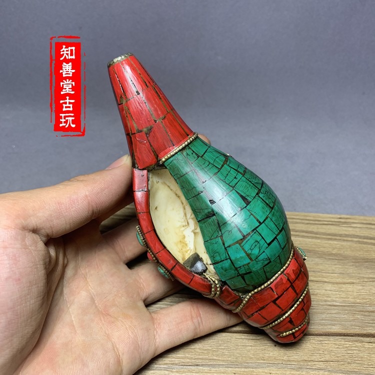 仿古藏傳佛教號角法器尼泊爾手工包藏銀道士吹中海螺法會用品法螺-細節圖10