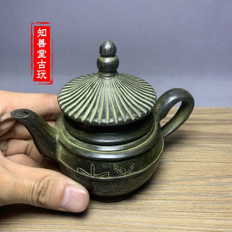 古玩銅器收藏裝飾道具 黃銅工藝品 仿古做舊 童子圖 茶壺裝飾收藏-細節圖2