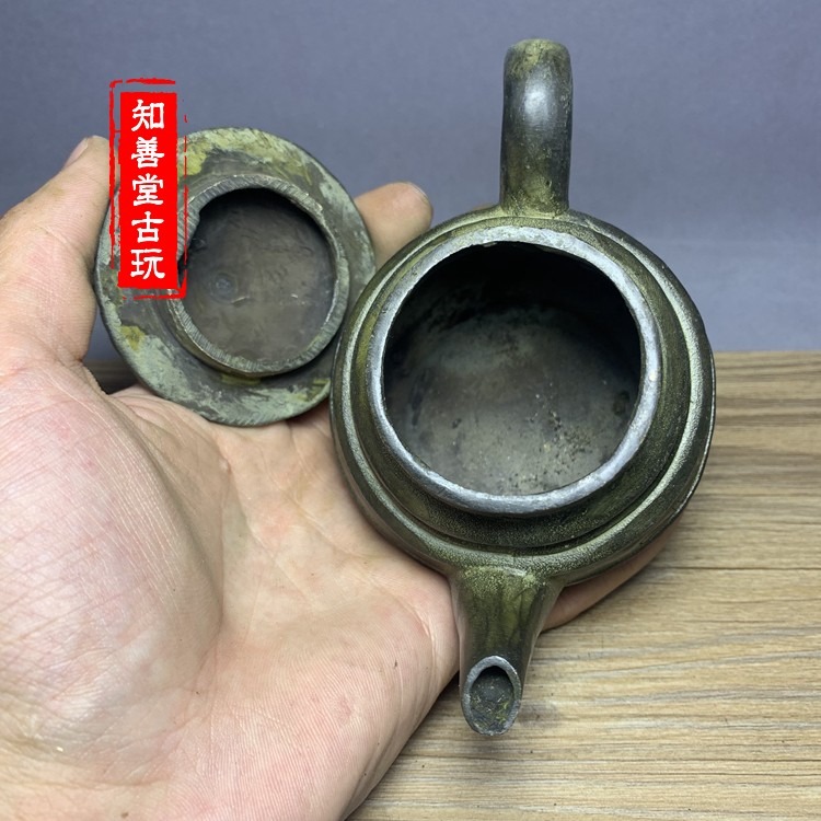 古玩銅器收藏裝飾道具 黃銅工藝品 仿古做舊 童子圖 茶壺裝飾收藏-細節圖4