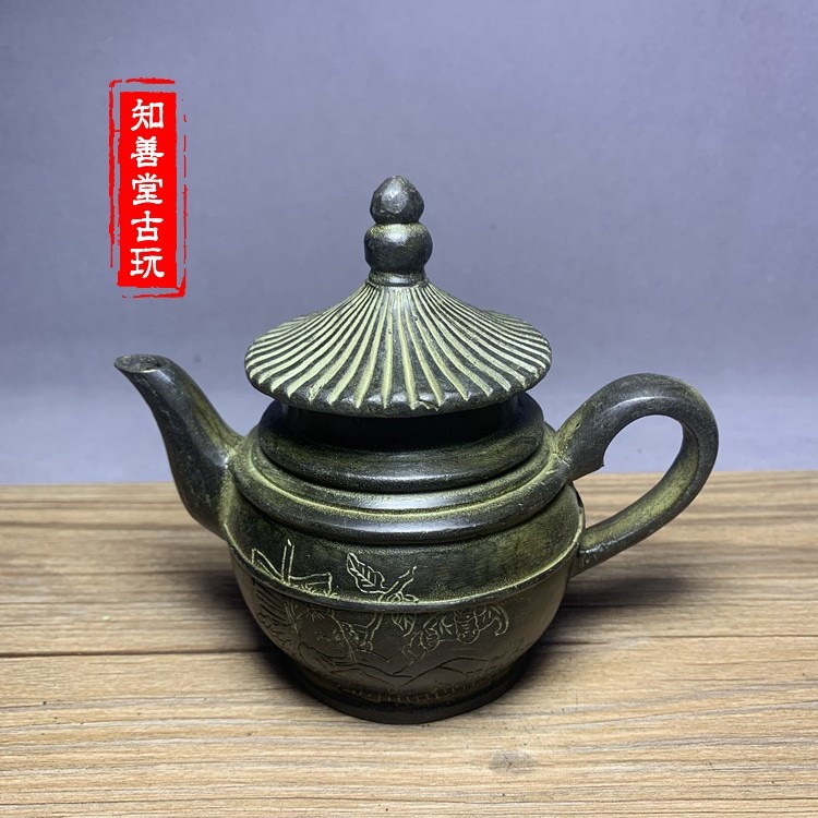古玩銅器收藏裝飾道具 黃銅工藝品 仿古做舊 童子圖 茶壺裝飾收藏-細節圖5